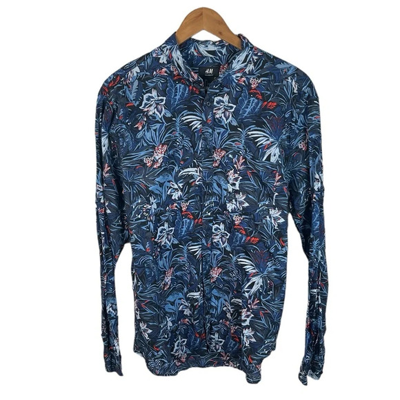 BF1330 Men’s H&M Relaxed Fit Hawaiian Palm Leaf Print Floral Button Down Shirt L - Picture 1 of 5